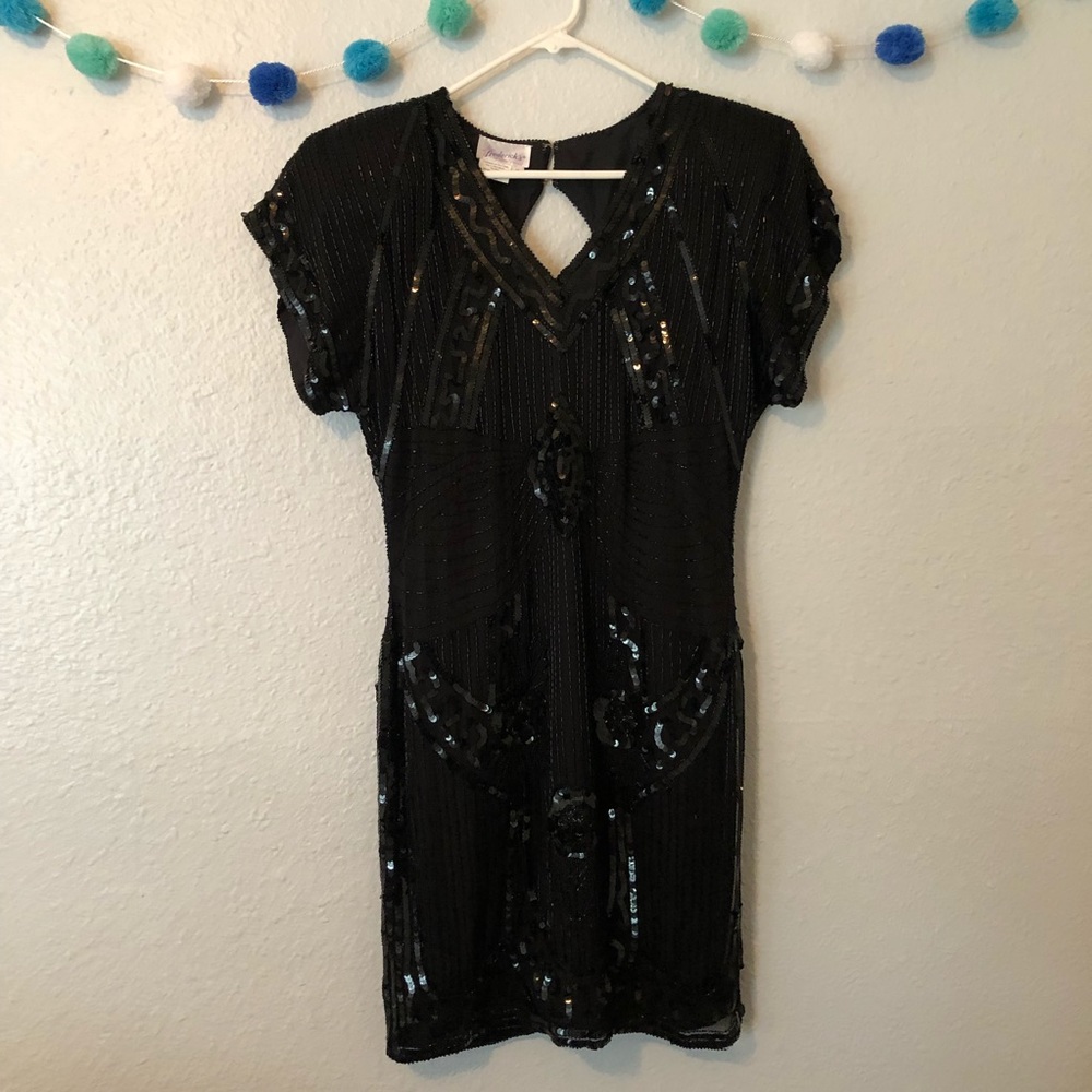 Vintage 80s Short Beaded Black Dress